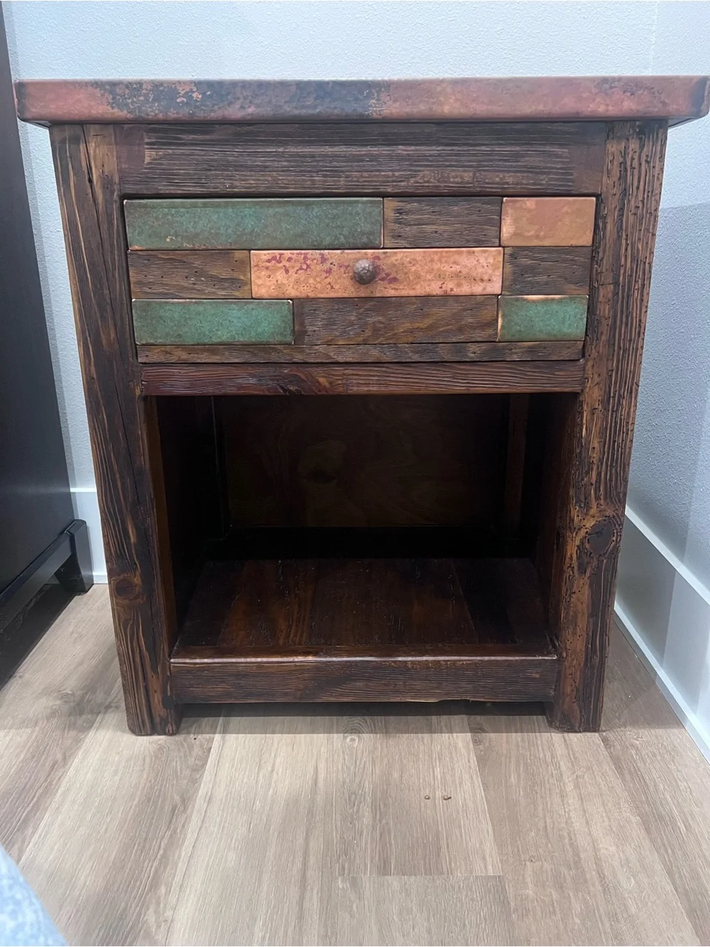 Rustic Multicolor Wooden Accent End Table in Green and Copper Tones